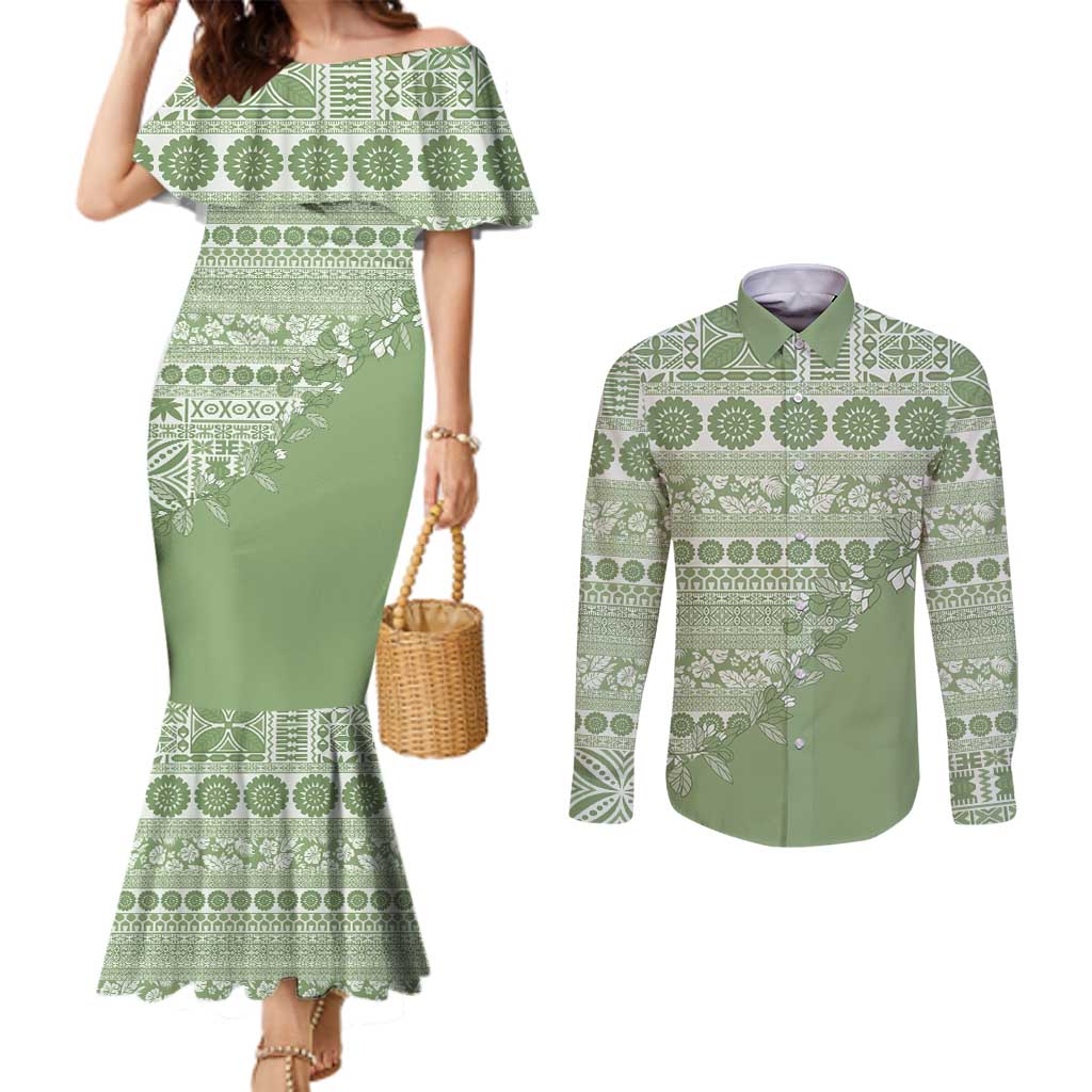 Fiji Marau na Kerisimasi Couples Matching Mermaid Dress and Long Sleeve Button Shirt Sage Green Tagimoucia Tapa Masi Tribal - Polynesian Pride
