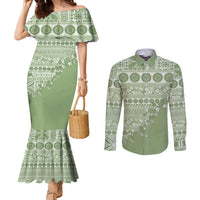 Fiji Marau na Kerisimasi Couples Matching Mermaid Dress and Long Sleeve Button Shirt Sage Green Tagimoucia Tapa Masi Tribal - Polynesian Pride
