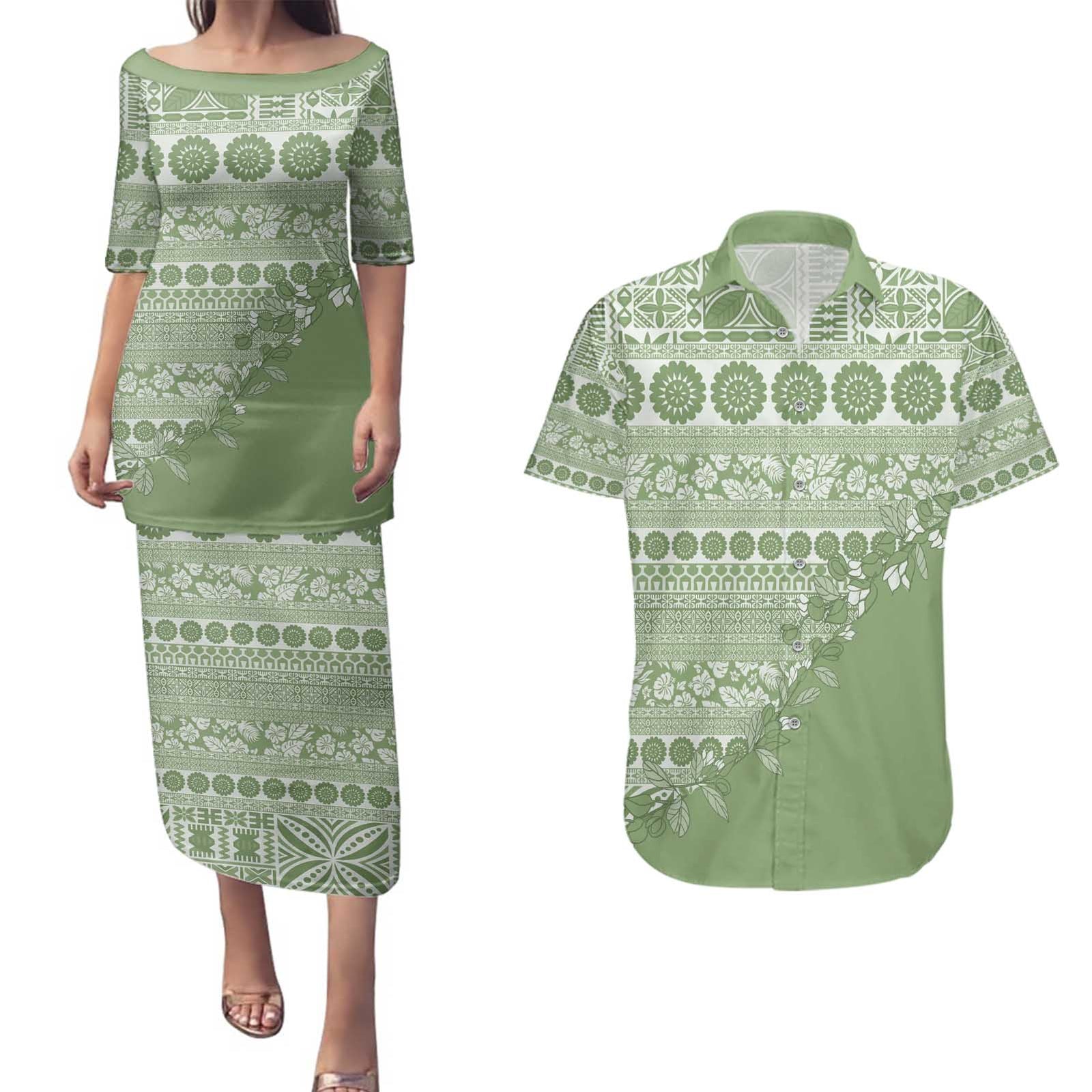 Fiji Marau na Kerisimasi Couples Matching Puletasi and Hawaiian Shirt Sage Green Tagimoucia Tapa Masi Tribal - Polynesian Pride