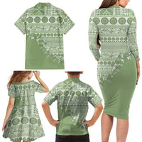 Fiji Marau na Kerisimasi Family Matching Long Sleeve Bodycon Dress and Hawaiian Shirt Sage Green Tagimoucia Tapa Masi Tribal - Polynesian Pride