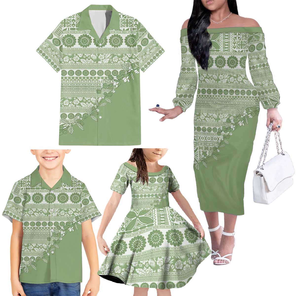 Fiji Marau na Kerisimasi Family Matching Off The Shoulder Long Sleeve Dress and Hawaiian Shirt Sage Green Tagimoucia Tapa Masi Tribal - Polynesian Pride