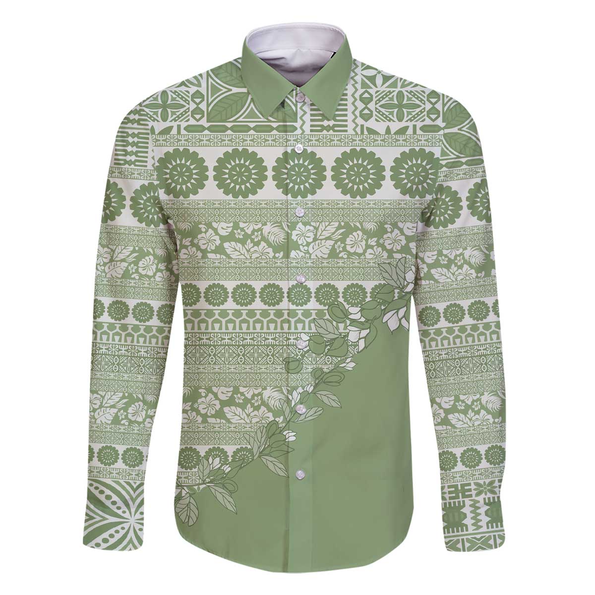 Fiji Marau na Kerisimasi Family Matching Off The Shoulder Long Sleeve Dress and Hawaiian Shirt Sage Green Tagimoucia Tapa Masi Tribal - Polynesian Pride