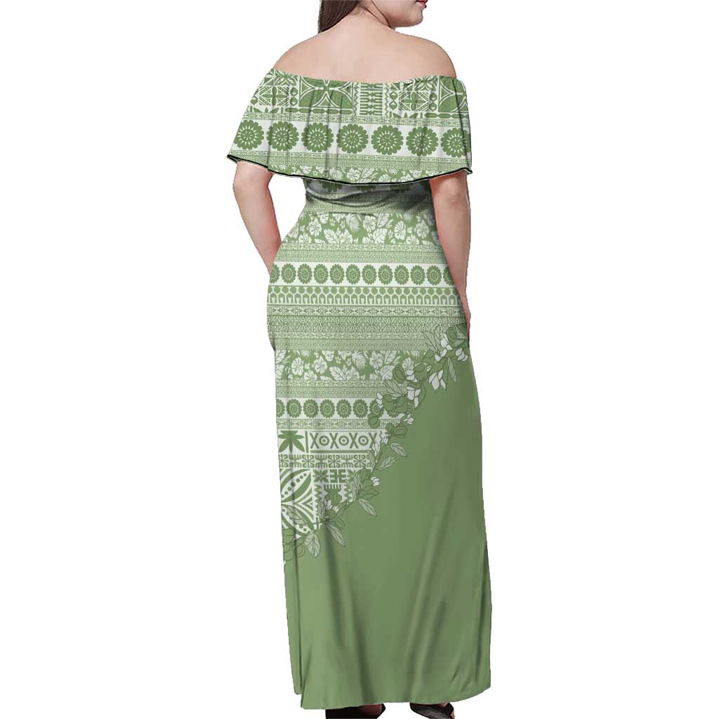Fiji Marau na Kerisimasi Family Matching Off Shoulder Maxi Dress and Hawaiian Shirt Sage Green Tagimoucia Tapa Masi Tribal - Polynesian Pride