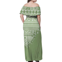 Fiji Marau na Kerisimasi Family Matching Off Shoulder Maxi Dress and Hawaiian Shirt Sage Green Tagimoucia Tapa Masi Tribal - Polynesian Pride