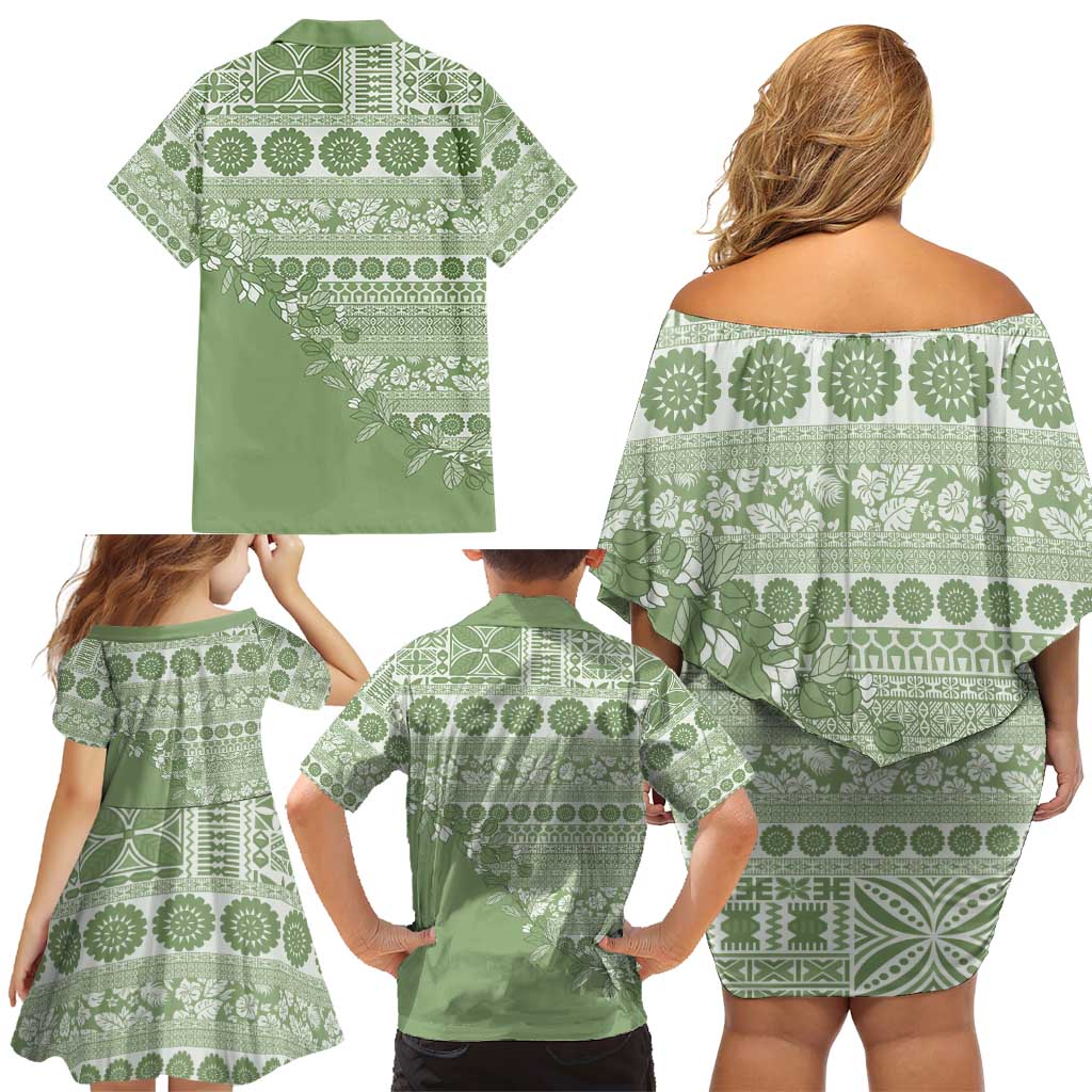 Fiji Marau na Kerisimasi Family Matching Off Shoulder Short Dress and Hawaiian Shirt Sage Green Tagimoucia Tapa Masi Tribal - Polynesian Pride
