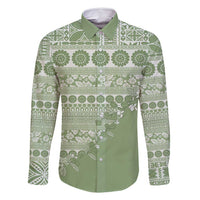 Fiji Marau na Kerisimasi Family Matching Off Shoulder Short Dress and Hawaiian Shirt Sage Green Tagimoucia Tapa Masi Tribal - Polynesian Pride