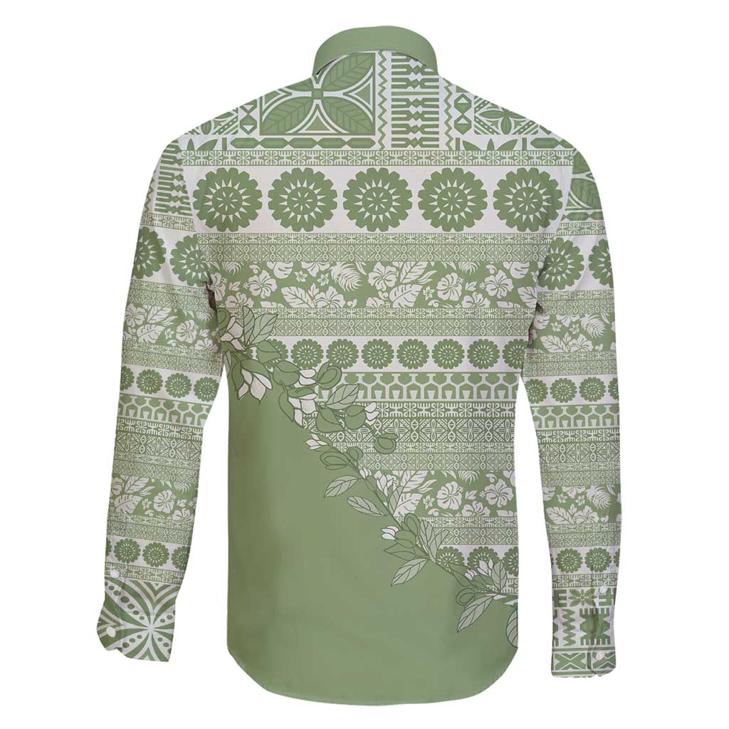 Fiji Marau na Kerisimasi Family Matching Off Shoulder Short Dress and Hawaiian Shirt Sage Green Tagimoucia Tapa Masi Tribal - Polynesian Pride