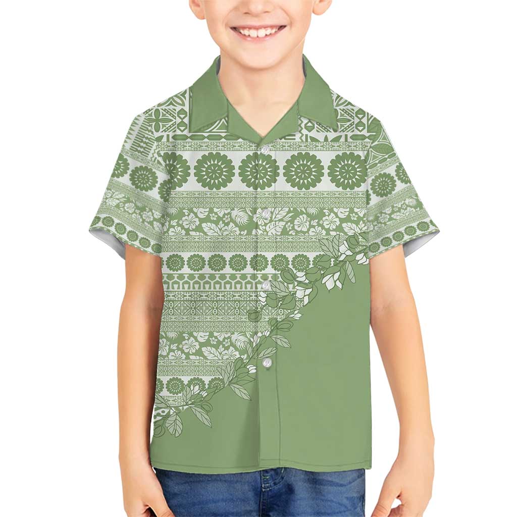 Fiji Marau na Kerisimasi Family Matching Off Shoulder Short Dress and Hawaiian Shirt Sage Green Tagimoucia Tapa Masi Tribal - Polynesian Pride
