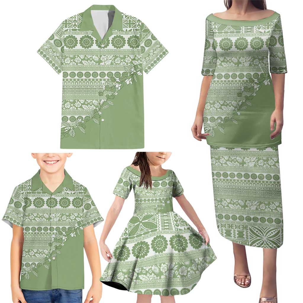Fiji Marau na Kerisimasi Family Matching Puletasi and Hawaiian Shirt Sage Green Tagimoucia Tapa Masi Tribal - Polynesian Pride