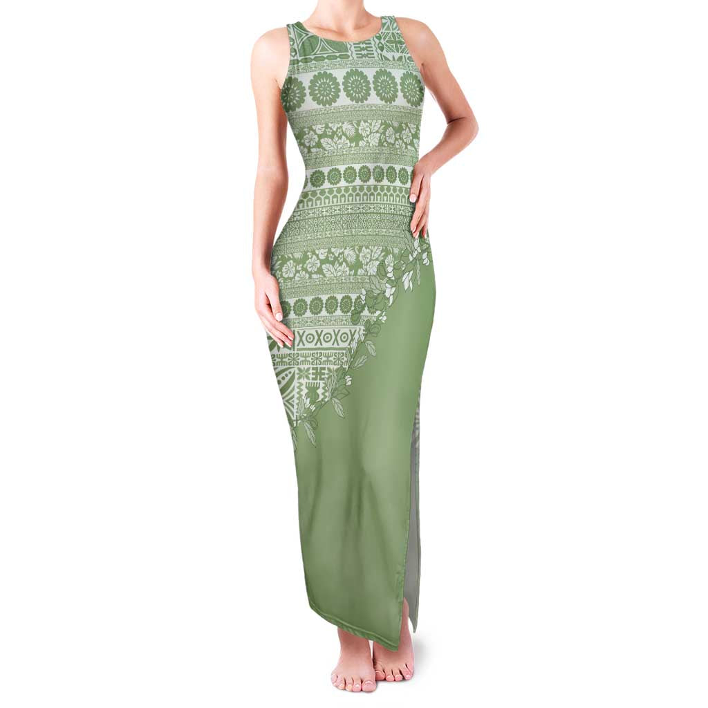 Fiji Marau na Kerisimasi Family Matching Tank Maxi Dress and Hawaiian Shirt Sage Green Tagimoucia Tapa Masi Tribal - Polynesian Pride
