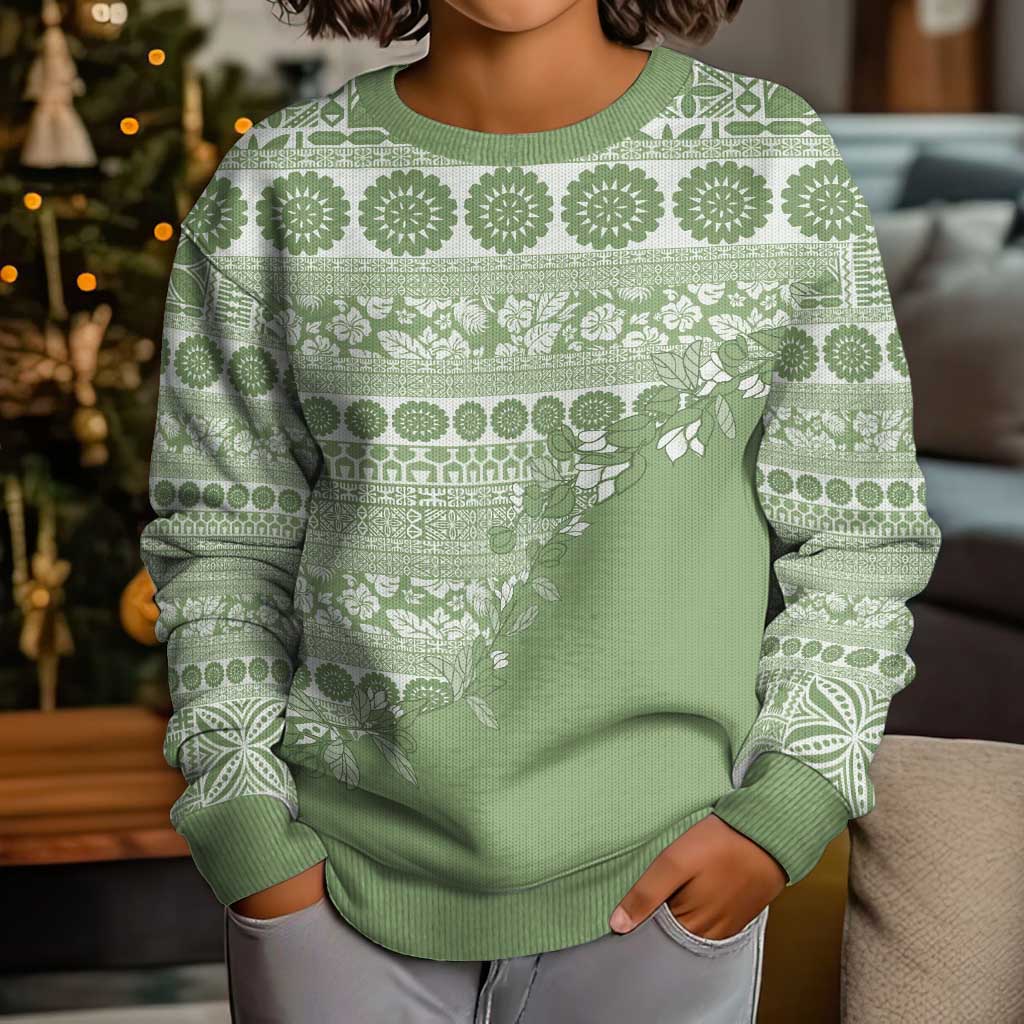 Fiji Marau na Kerisimasi Kid Ugly Christmas Sweater Sage Green Tagimoucia Tapa Masi Tribal - Polynesian Pride