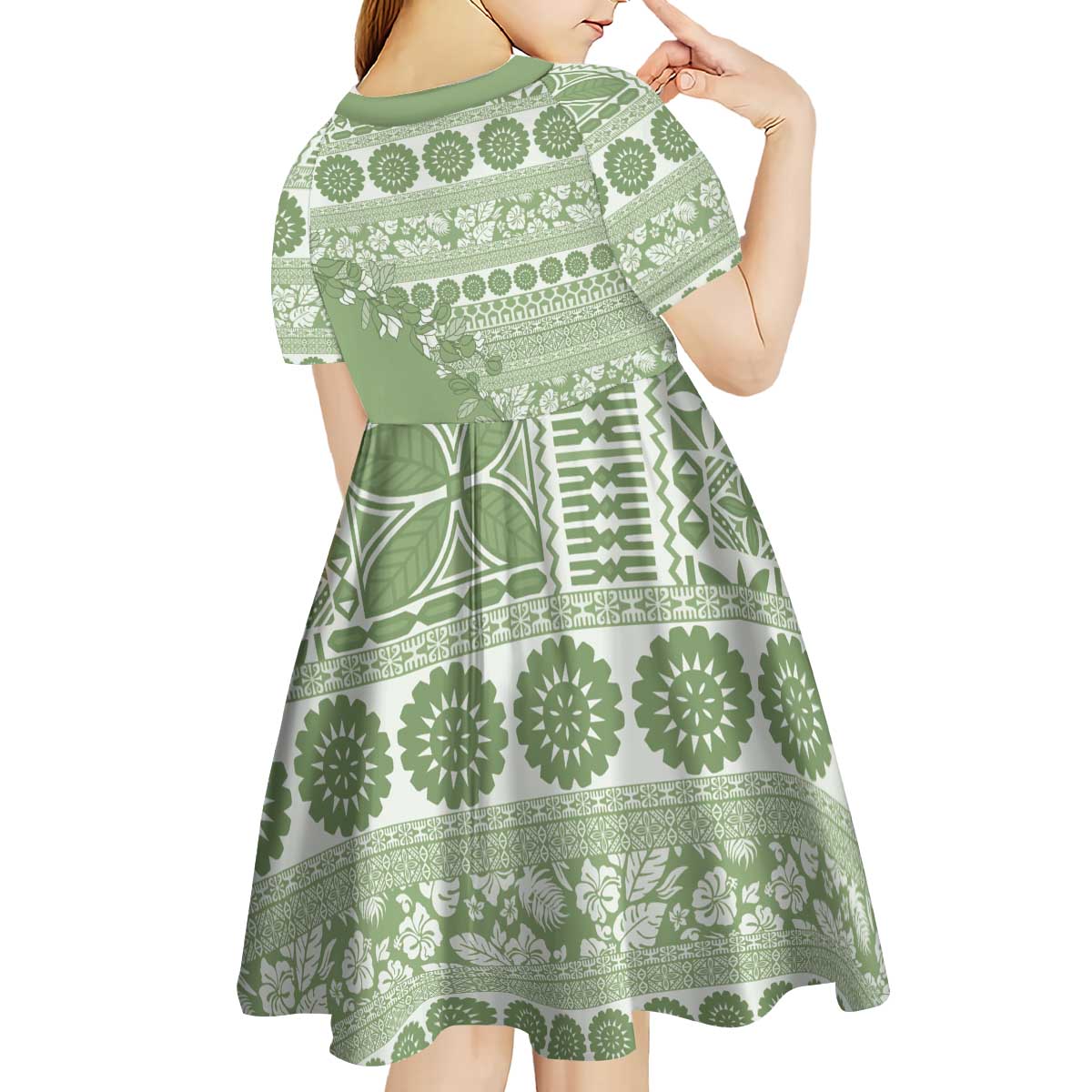 Fiji Marau na Kerisimasi Kid Short Sleeve Dress Sage Green Tagimoucia Tapa Masi Tribal - Polynesian Pride