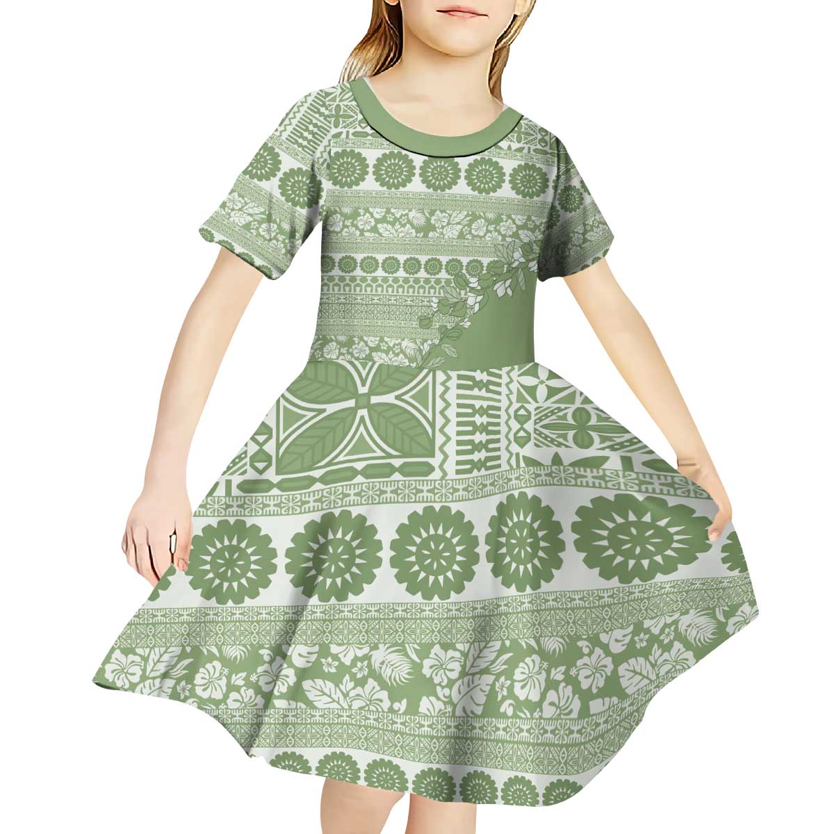 Fiji Marau na Kerisimasi Kid Short Sleeve Dress Sage Green Tagimoucia Tapa Masi Tribal - Polynesian Pride