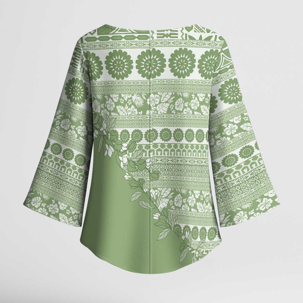 Fiji Marau na Kerisimasi Kimono Sleeve Blouse Sage Green Tagimoucia Tapa Masi Tribal - Polynesian Pride