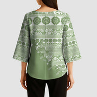 Fiji Marau na Kerisimasi Kimono Sleeve Blouse Sage Green Tagimoucia Tapa Masi Tribal - Polynesian Pride