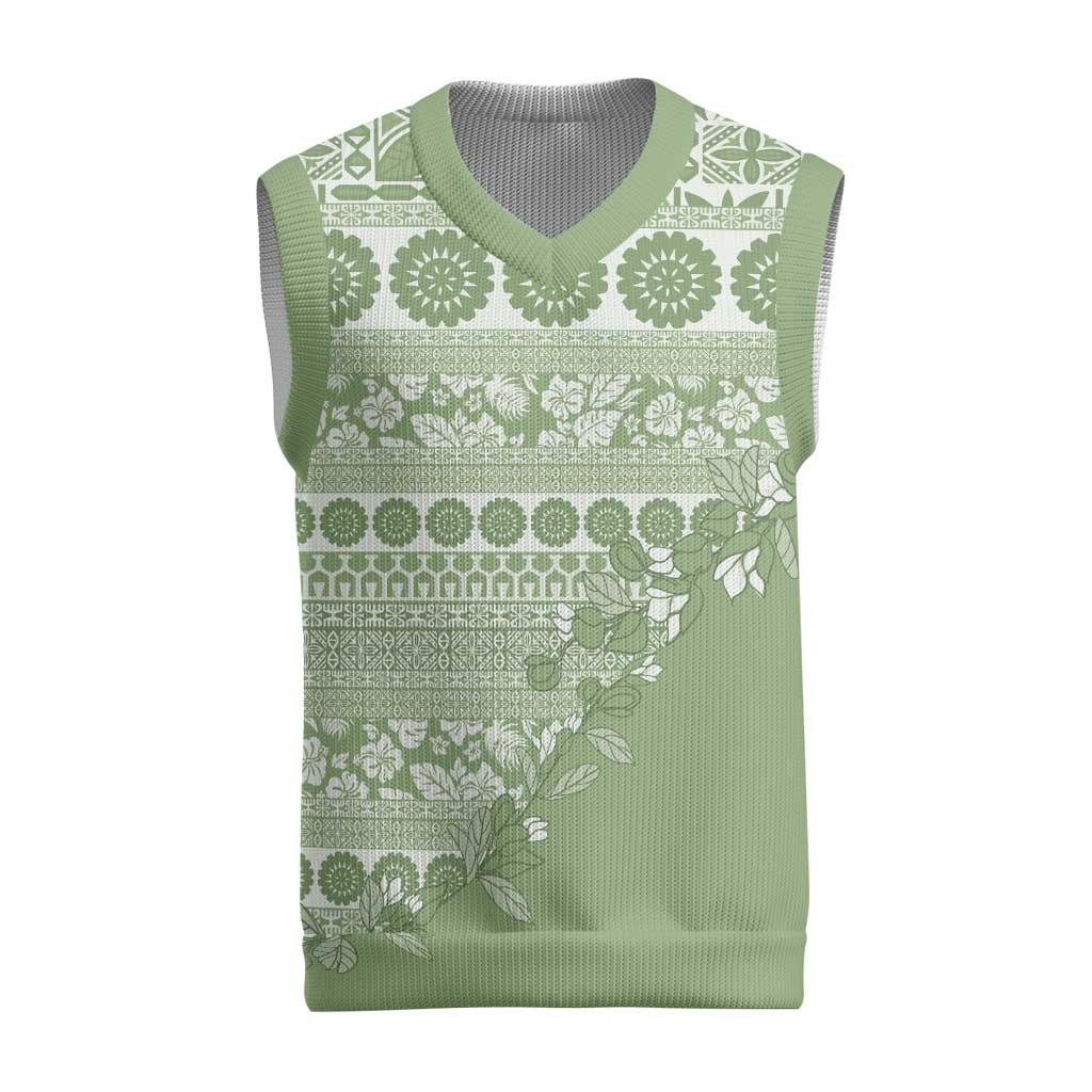 Fiji Marau na Kerisimasi Christmas Knitted V-Neck Vest Sage Green Tagimoucia Tapa Masi Tribal - Polynesian Pride