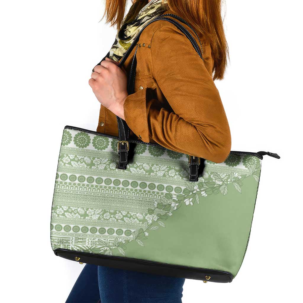 Fiji Marau na Kerisimasi Leather Tote Bag Sage Green Tagimoucia Tapa Masi Tribal - Polynesian Pride