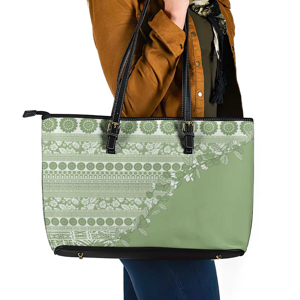 Fiji Marau na Kerisimasi Leather Tote Bag Sage Green Tagimoucia Tapa Masi Tribal - Polynesian Pride