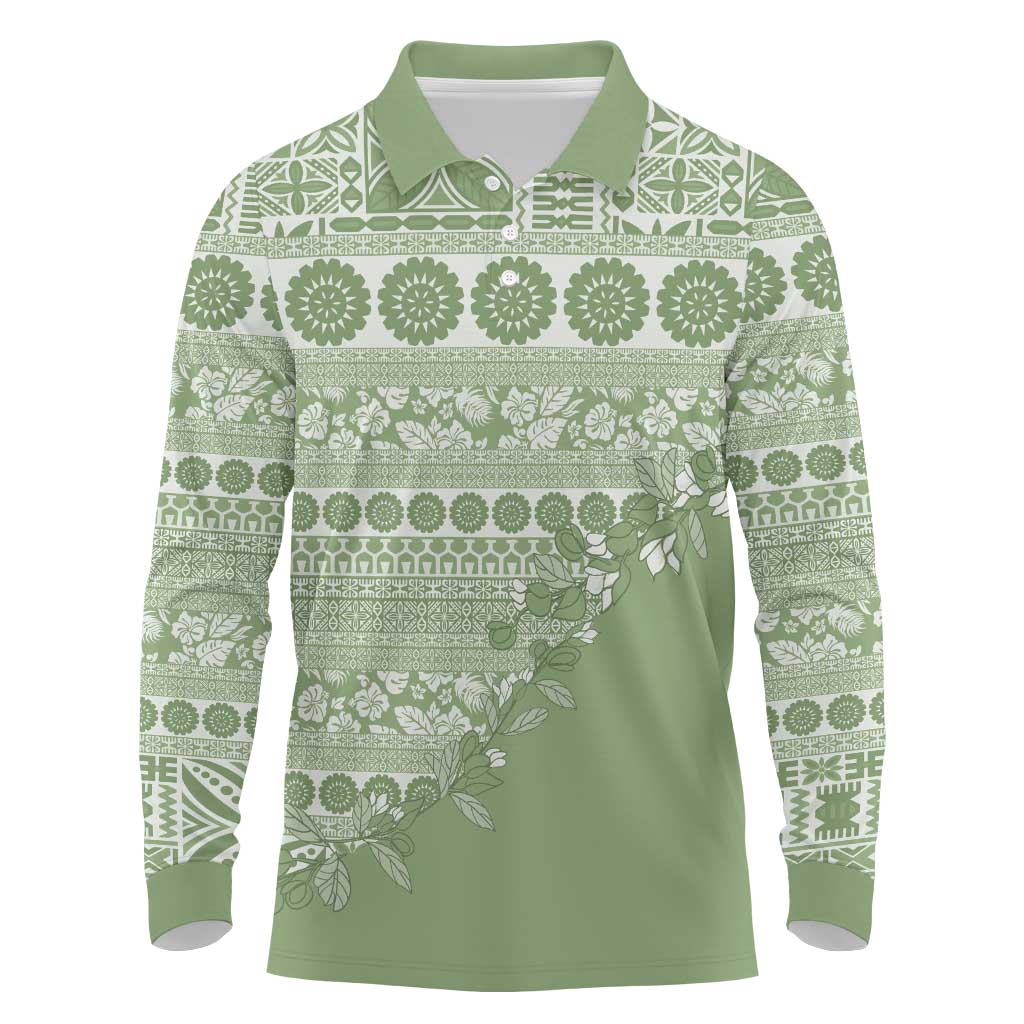 Fiji Marau na Kerisimasi Long Sleeve Polo Shirt Sage Green Tagimoucia Tapa Masi Tribal - Polynesian Pride