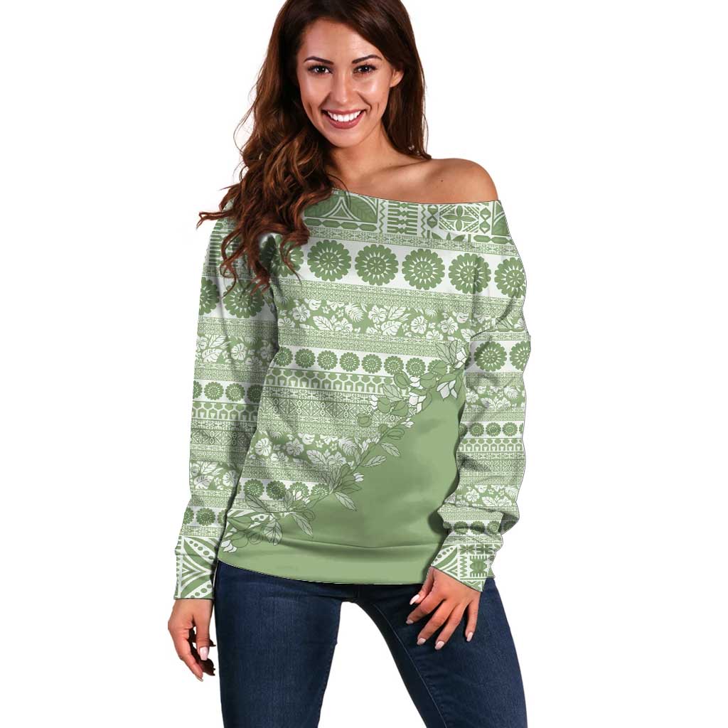 Fiji Marau na Kerisimasi Off Shoulder Sweater Sage Green Tagimoucia Tapa Masi Tribal - Polynesian Pride