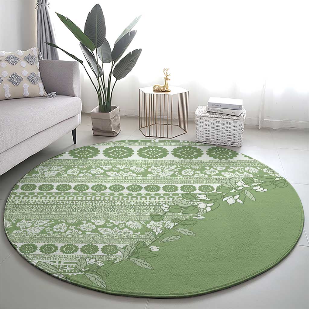 Fiji Marau na Kerisimasi Round Carpet Sage Green Tagimoucia Tapa Masi Tribal - Polynesian Pride