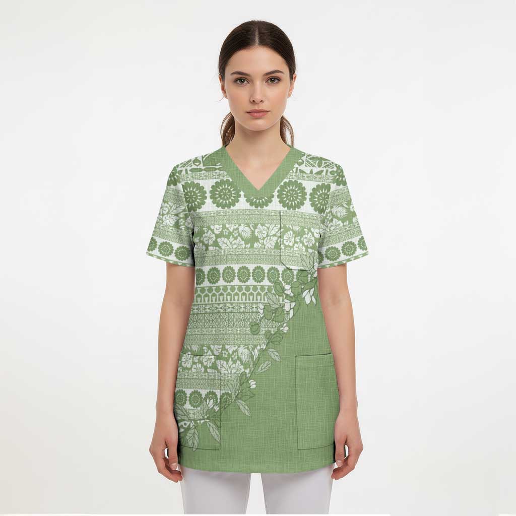 Fiji Marau na Kerisimasi Scrub Top Sage Green Tagimoucia Tapa Masi Tribal - Polynesian Pride