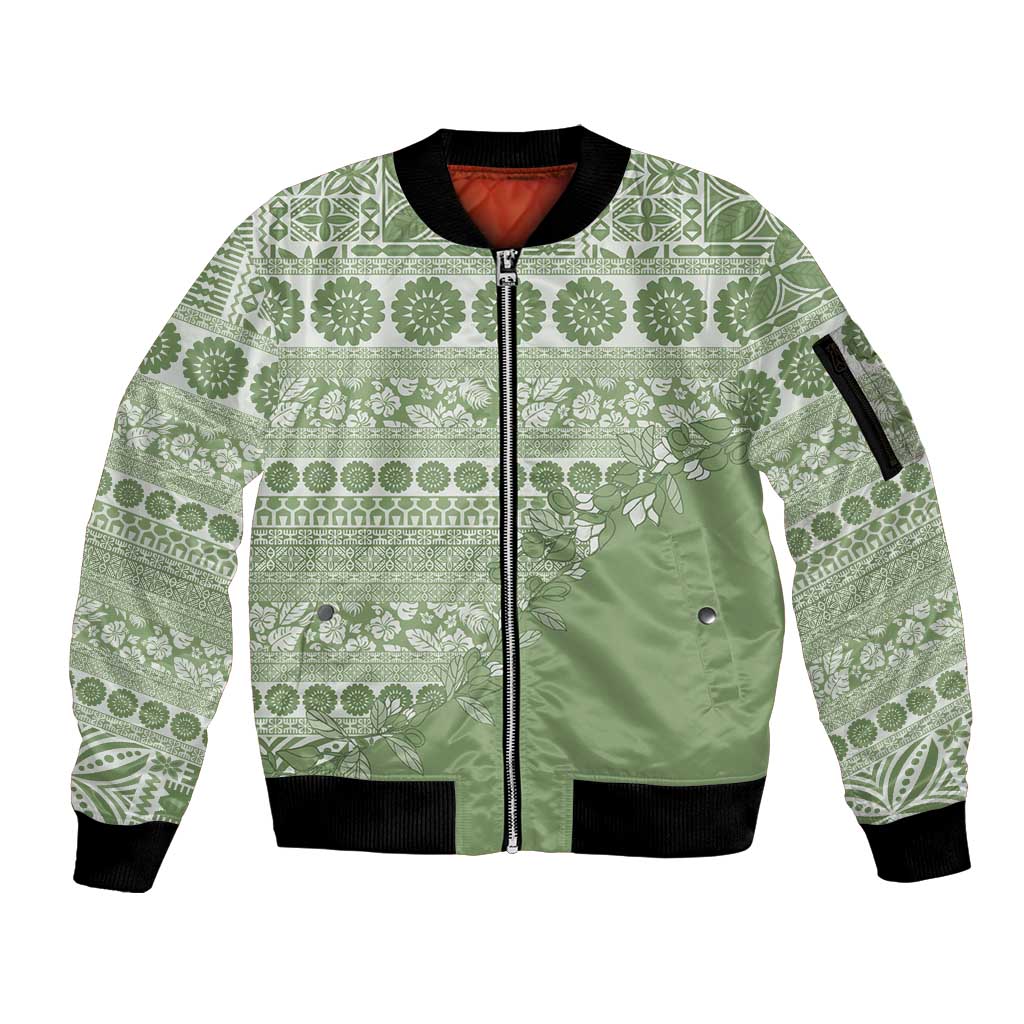 Fiji Marau na Kerisimasi Sleeve Zip Bomber Jacket Sage Green Tagimoucia Tapa Masi Tribal - Polynesian Pride
