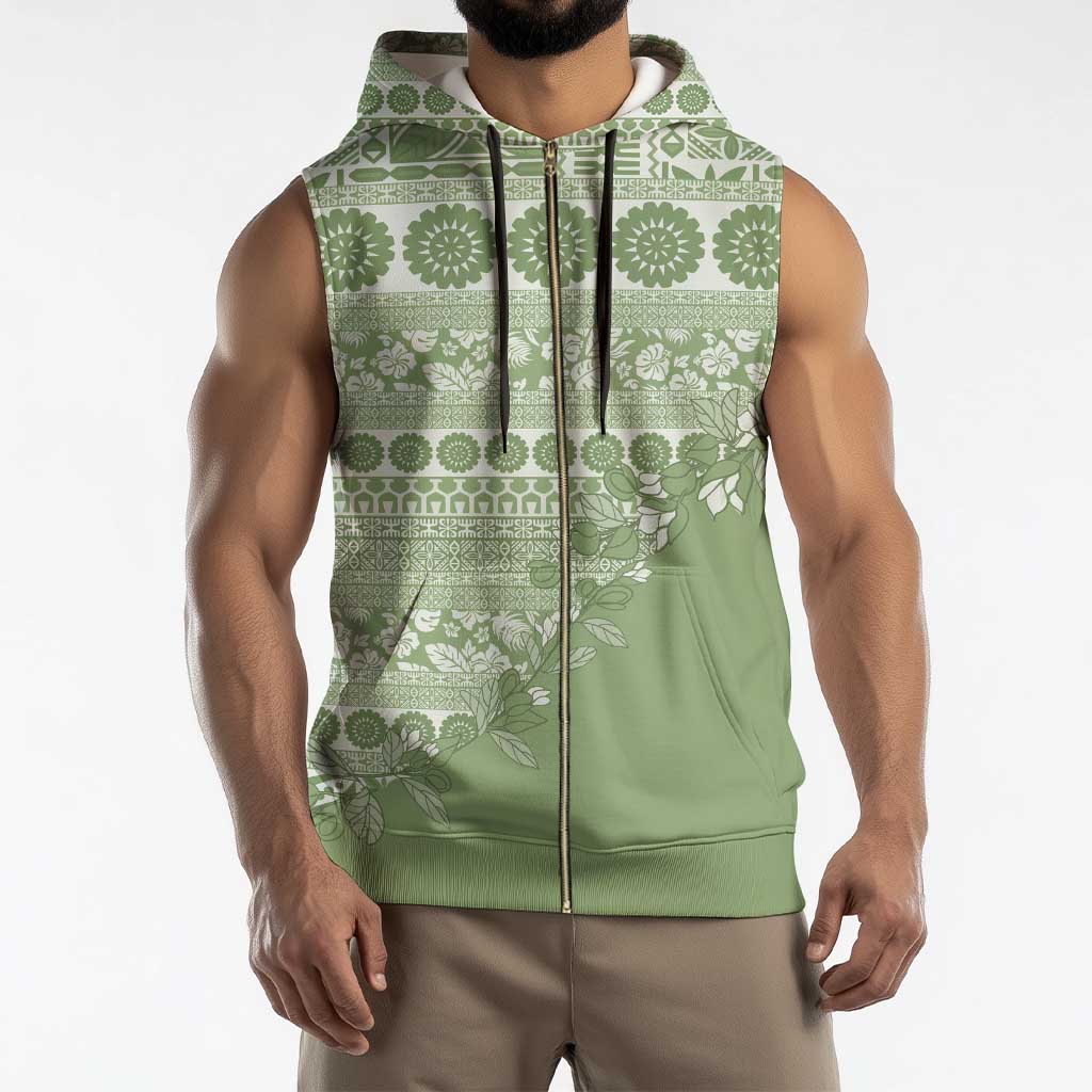 Fiji Marau na Kerisimasi Sleeveless Zip Hoodie Sage Green Tagimoucia Tapa Masi Tribal - Polynesian Pride