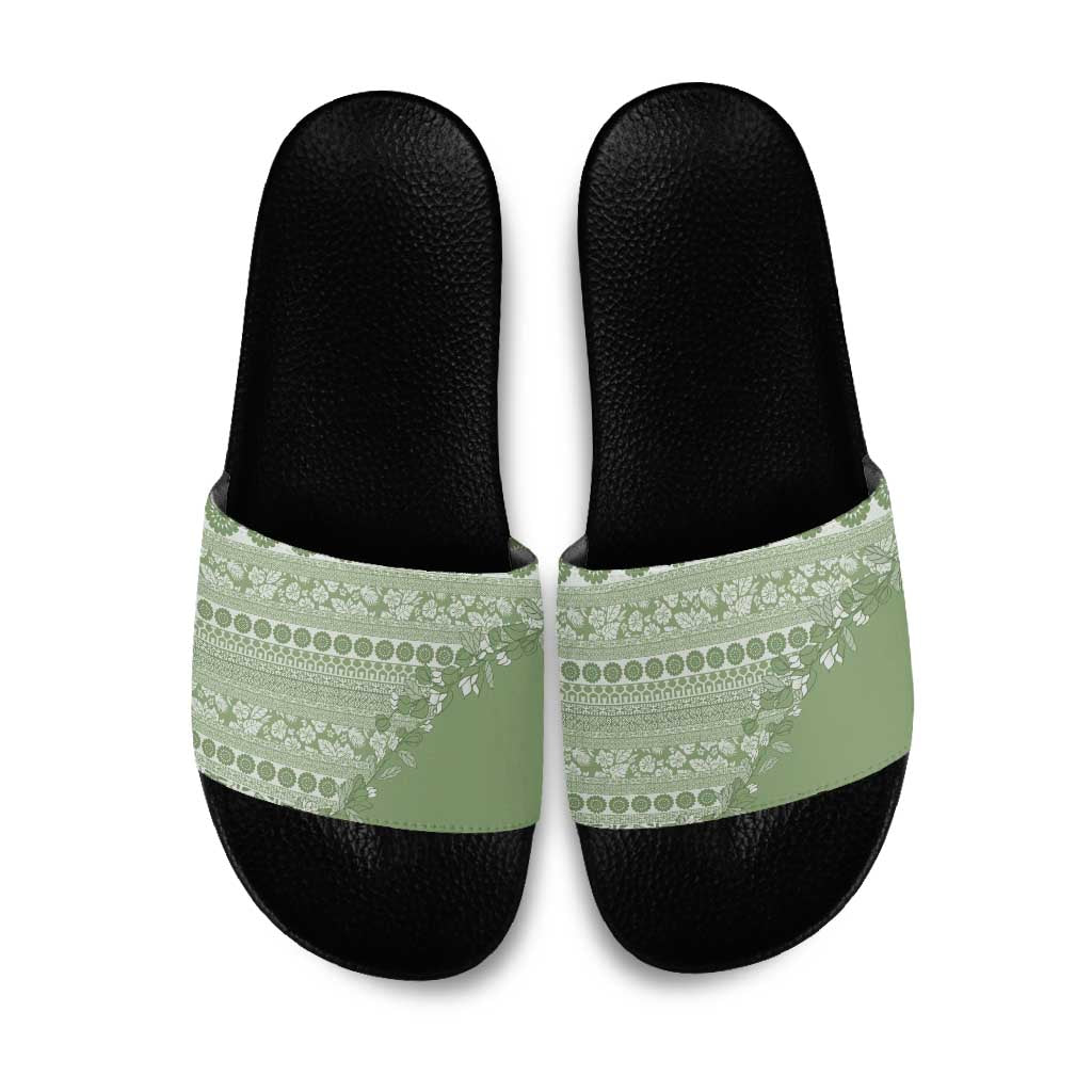 Fiji Marau na Kerisimasi Slide Sandals Sage Green Tagimoucia Tapa Masi Tribal - Polynesian Pride
