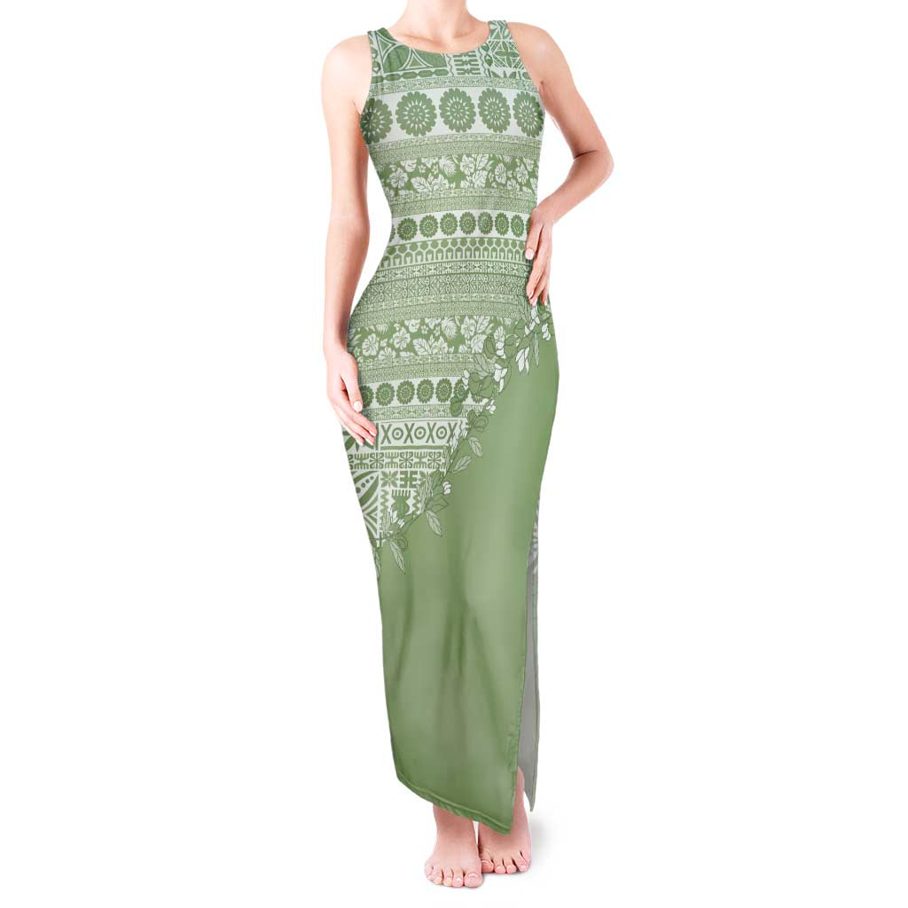 Fiji Marau na Kerisimasi Tank Maxi Dress Sage Green Tagimoucia Tapa Masi Tribal - Polynesian Pride