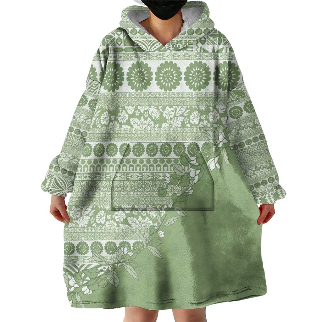Fiji Marau na Kerisimasi Wearable Blanket Hoodie Sage Green Tagimoucia Tapa Masi Tribal - Polynesian Pride