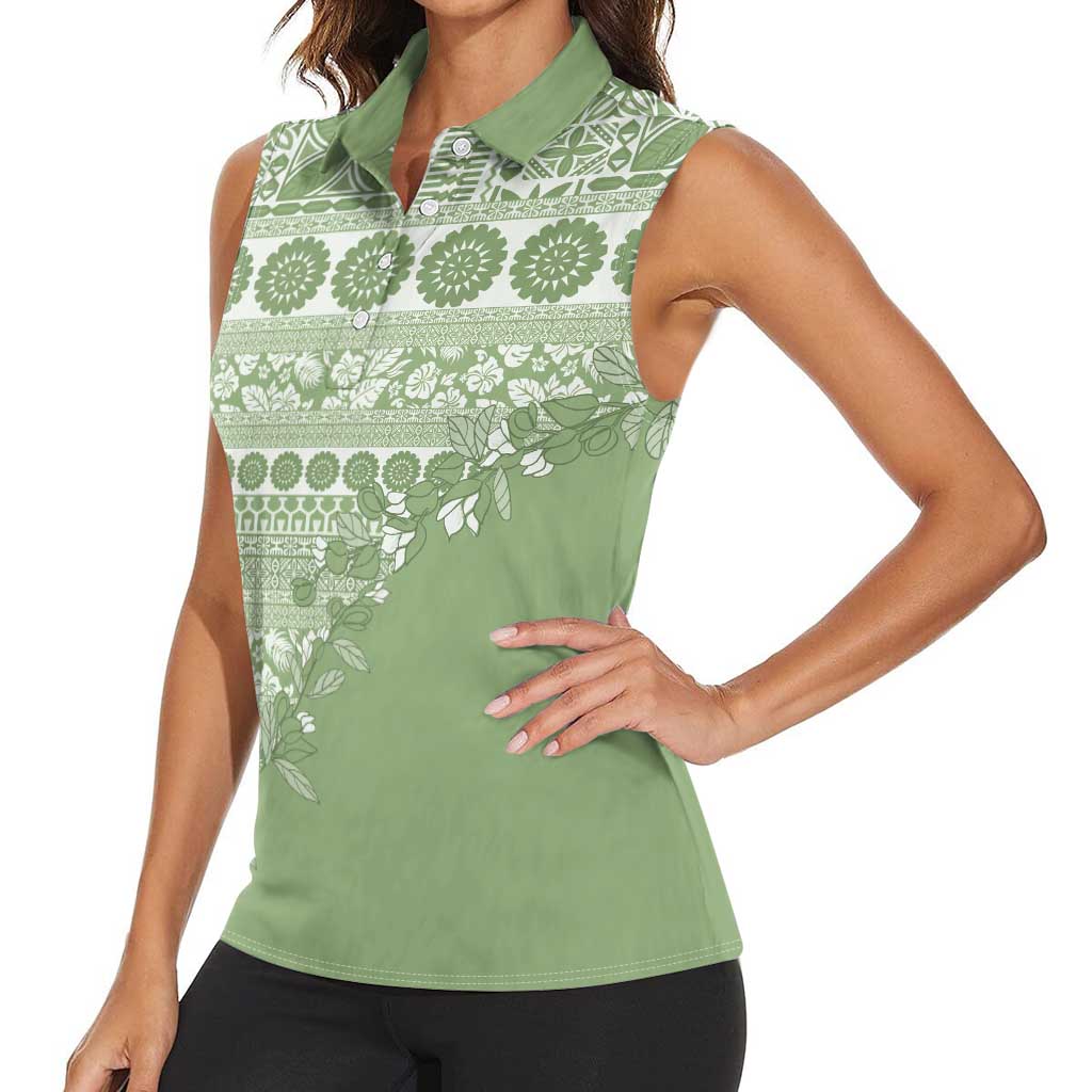 Fiji Marau na Kerisimasi Women Sleeveless Polo Shirt Sage Green Tagimoucia Tapa Masi Tribal - Polynesian Pride