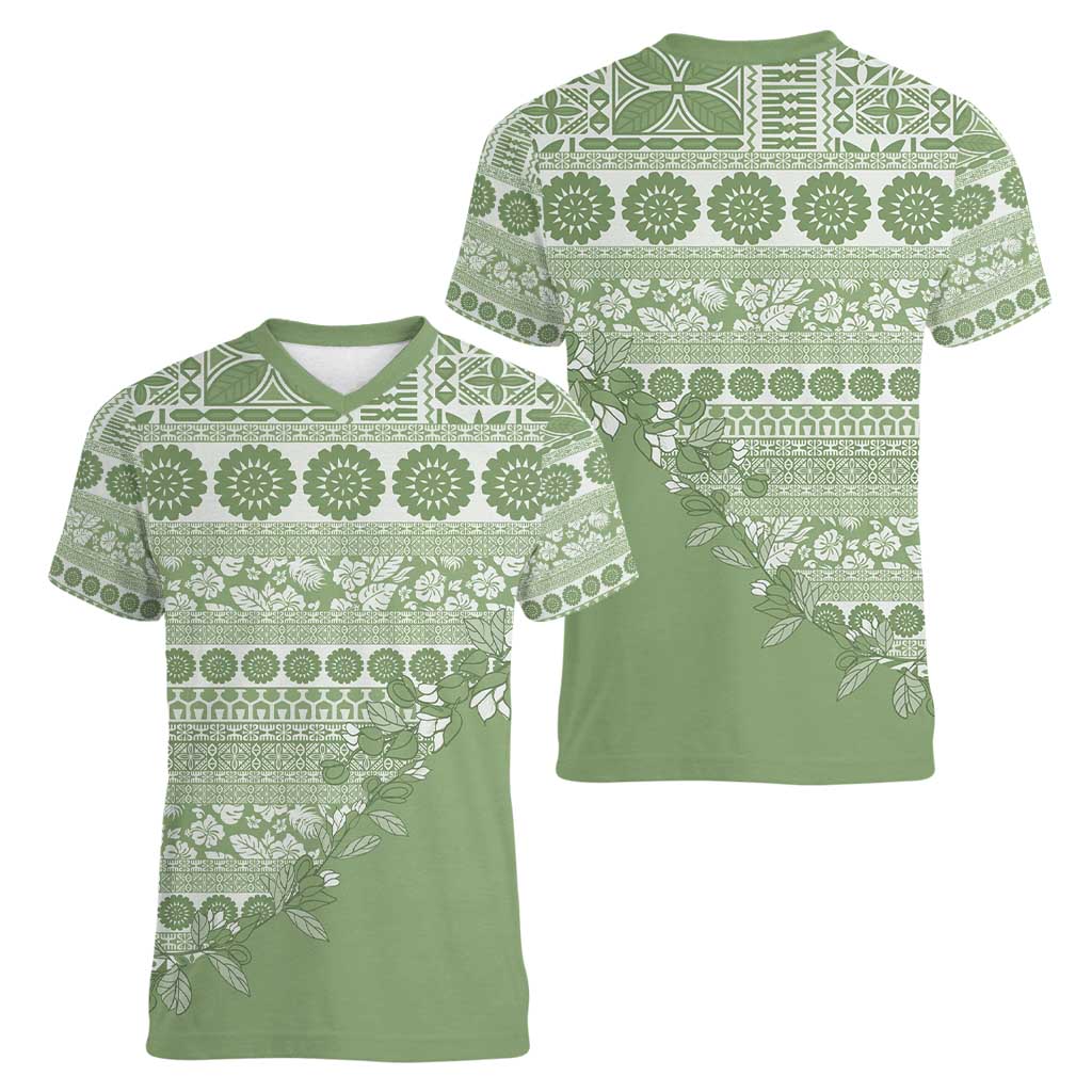 Fiji Marau na Kerisimasi Women V-Neck T-Shirt Sage Green Tagimoucia Tapa Masi Tribal - Polynesian Pride