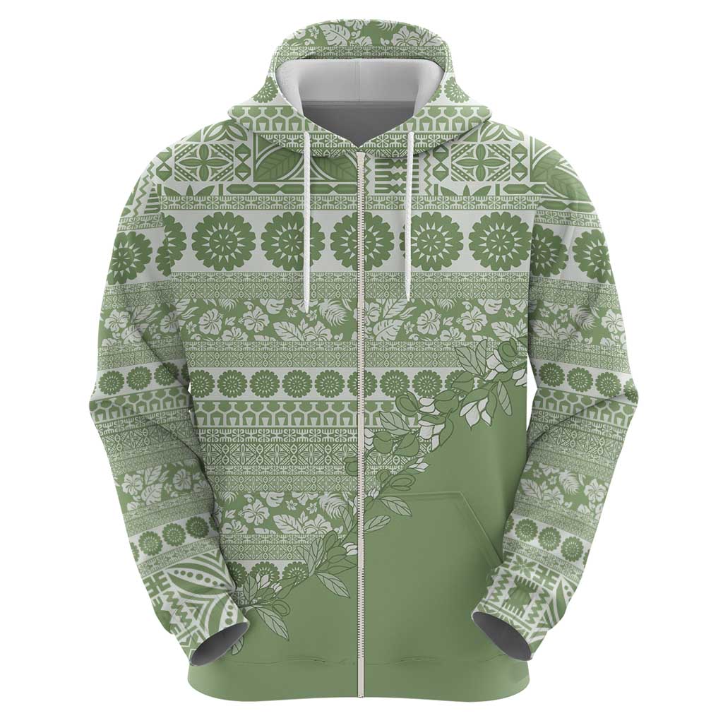 Fiji Marau na Kerisimasi Zip Hoodie Sage Green Tagimoucia Tapa Masi Tribal - Polynesian Pride