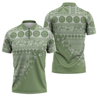 Fiji Marau na Kerisimasi Zipper Polo Shirt Sage Green Tagimoucia Tapa Masi Tribal - Polynesian Pride