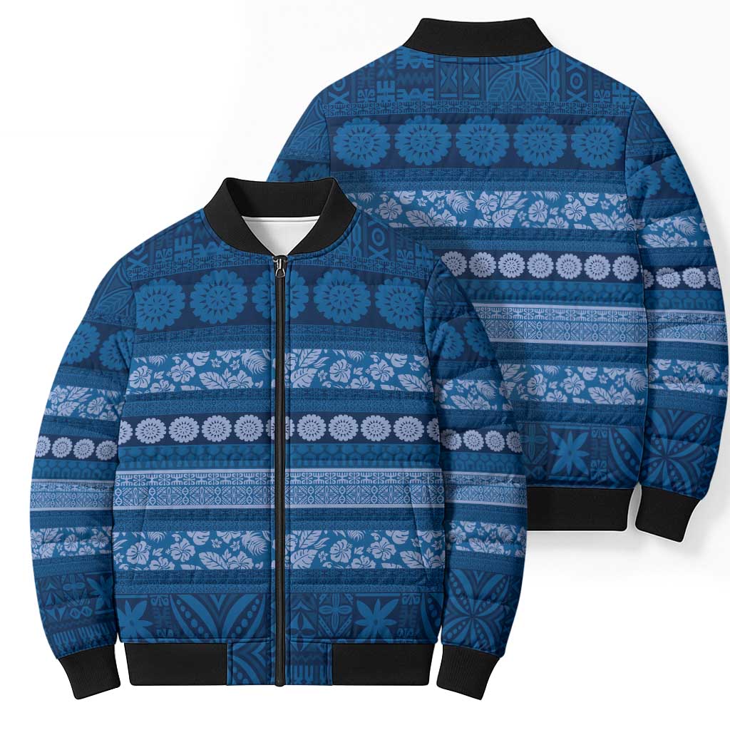 Fiji Marau na Kerisimasi Bomber Puffer Jacket Blue Tapa Masi Inspired Christmas - Polynesian Pride