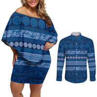 Fiji Marau na Kerisimasi Couples Matching Off Shoulder Short Dress and Long Sleeve Button Shirt Blue Tapa Masi Inspired Christmas - Polynesian Pride