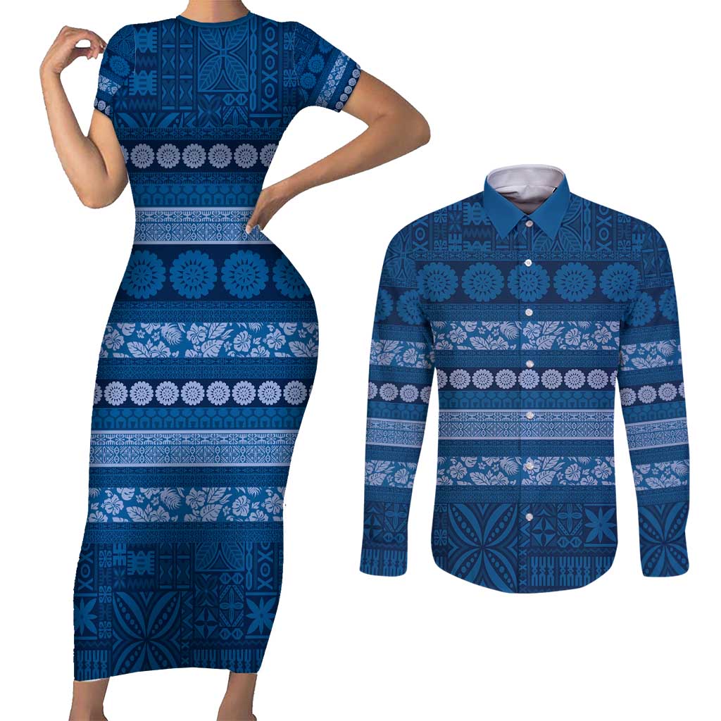 Fiji Marau na Kerisimasi Couples Matching Short Sleeve Bodycon Dress and Long Sleeve Button Shirt Blue Tapa Masi Inspired Christmas - Polynesian Pride