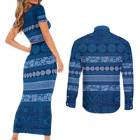 Fiji Marau na Kerisimasi Couples Matching Short Sleeve Bodycon Dress and Long Sleeve Button Shirt Blue Tapa Masi Inspired Christmas - Polynesian Pride
