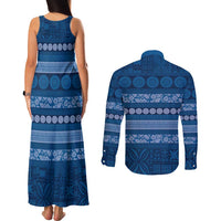 Fiji Marau na Kerisimasi Couples Matching Tank Maxi Dress and Long Sleeve Button Shirt Blue Tapa Masi Inspired Christmas - Polynesian Pride