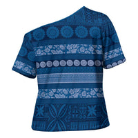 Fiji Marau na Kerisimasi Cross Shoulder Shirt Blue Tapa Masi Inspired Christmas - Polynesian Pride