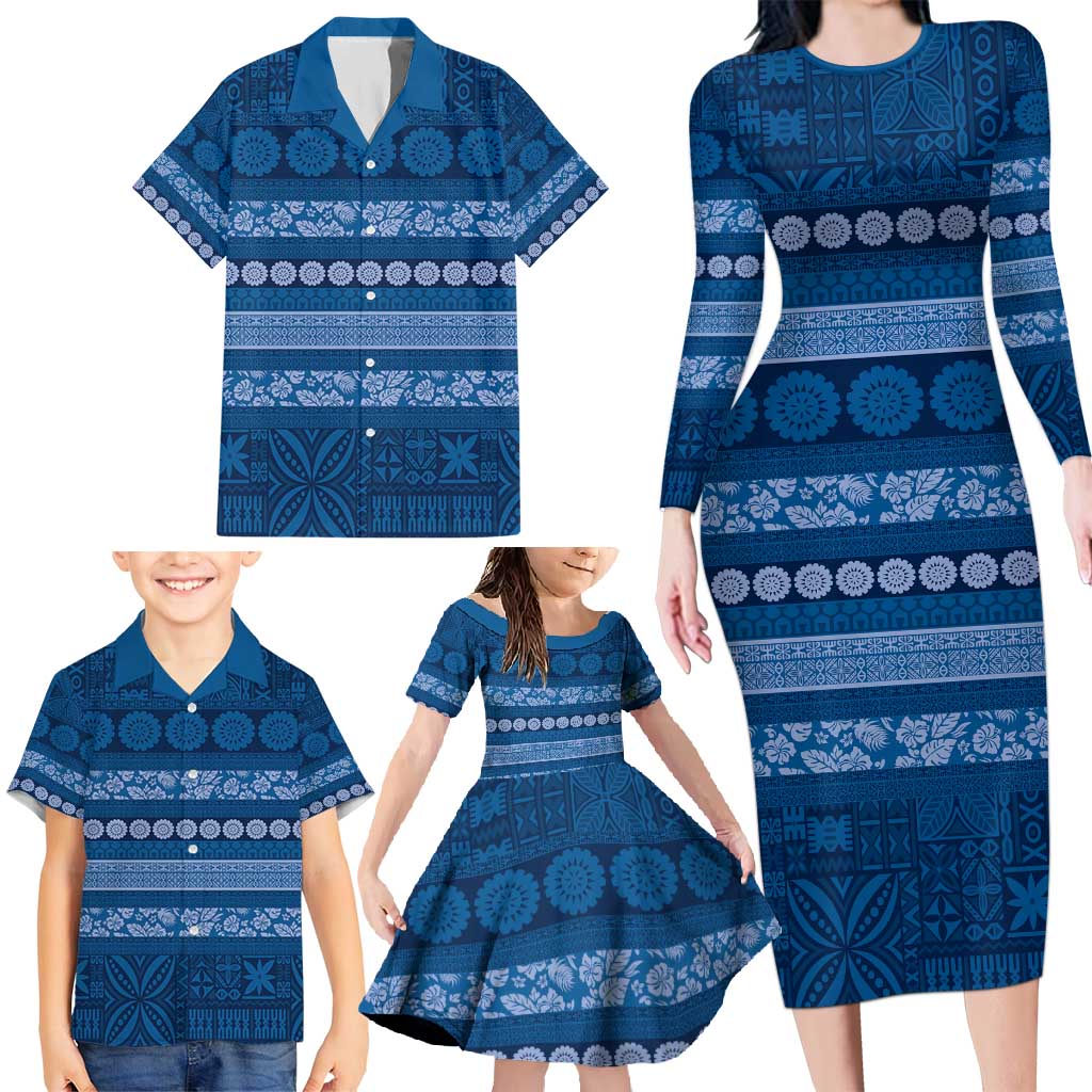 Fiji Marau na Kerisimasi Family Matching Long Sleeve Bodycon Dress and Hawaiian Shirt Blue Tapa Masi Inspired Christmas - Polynesian Pride