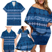 Fiji Marau na Kerisimasi Family Matching Off Shoulder Short Dress and Hawaiian Shirt Blue Tapa Masi Inspired Christmas - Polynesian Pride