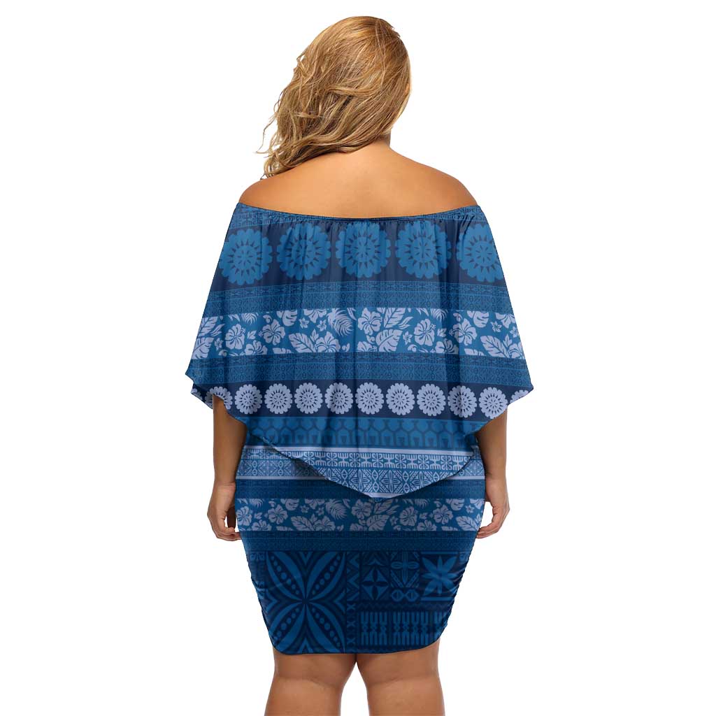 Fiji Marau na Kerisimasi Family Matching Off Shoulder Short Dress and Hawaiian Shirt Blue Tapa Masi Inspired Christmas - Polynesian Pride