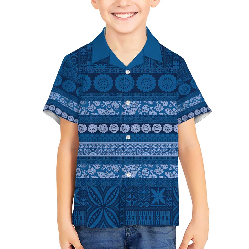 Fiji Marau na Kerisimasi Kid Hawaiian Shirt Blue Tapa Masi Inspired Christmas - Polynesian Pride