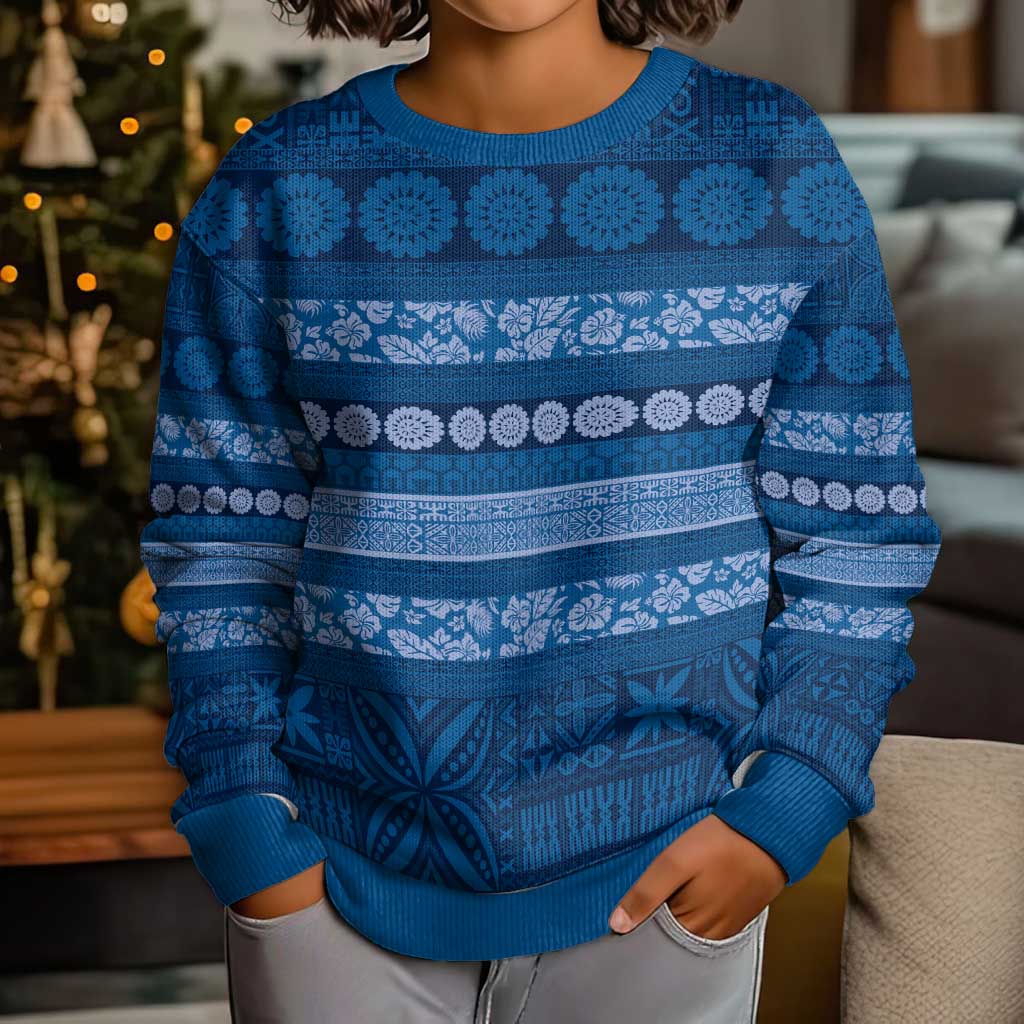 Fiji Marau na Kerisimasi Kid Ugly Christmas Sweater Blue Tapa Masi Inspired Christmas - Polynesian Pride