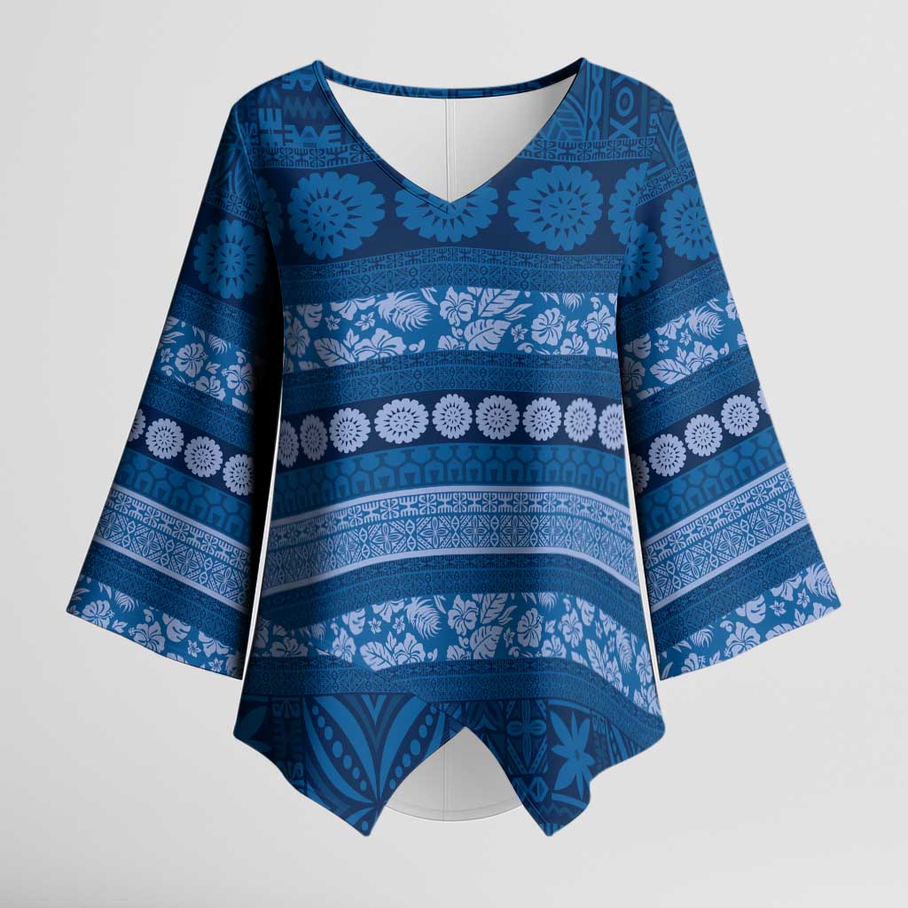 Fiji Marau na Kerisimasi Kimono Sleeve Blouse Blue Tapa Masi Inspired Christmas - Polynesian Pride