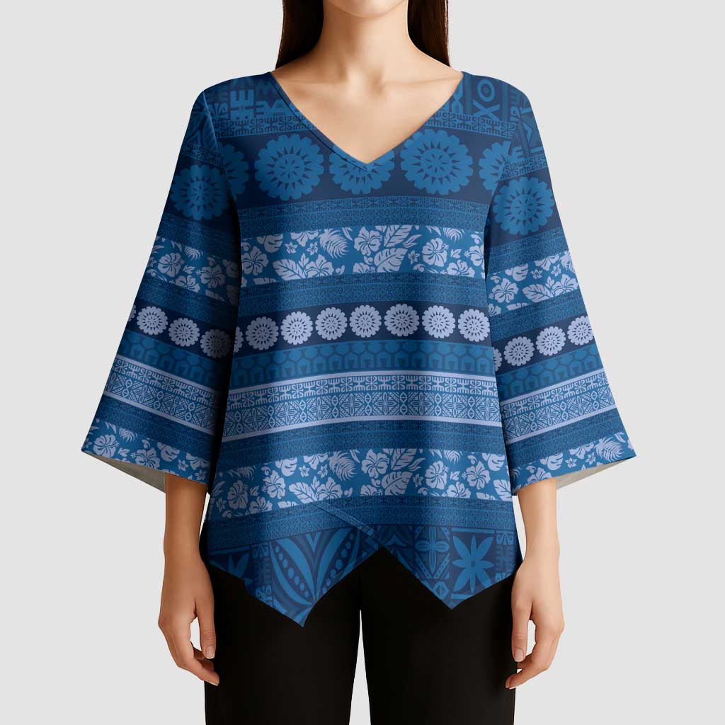 Fiji Marau na Kerisimasi Kimono Sleeve Blouse Blue Tapa Masi Inspired Christmas - Polynesian Pride