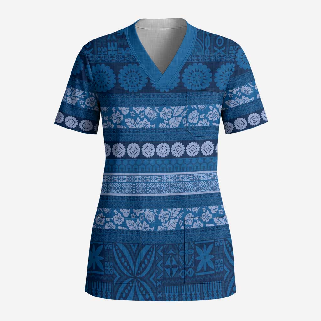 Fiji Marau na Kerisimasi Scrub Top Blue Tapa Masi Inspired Christmas - Polynesian Pride