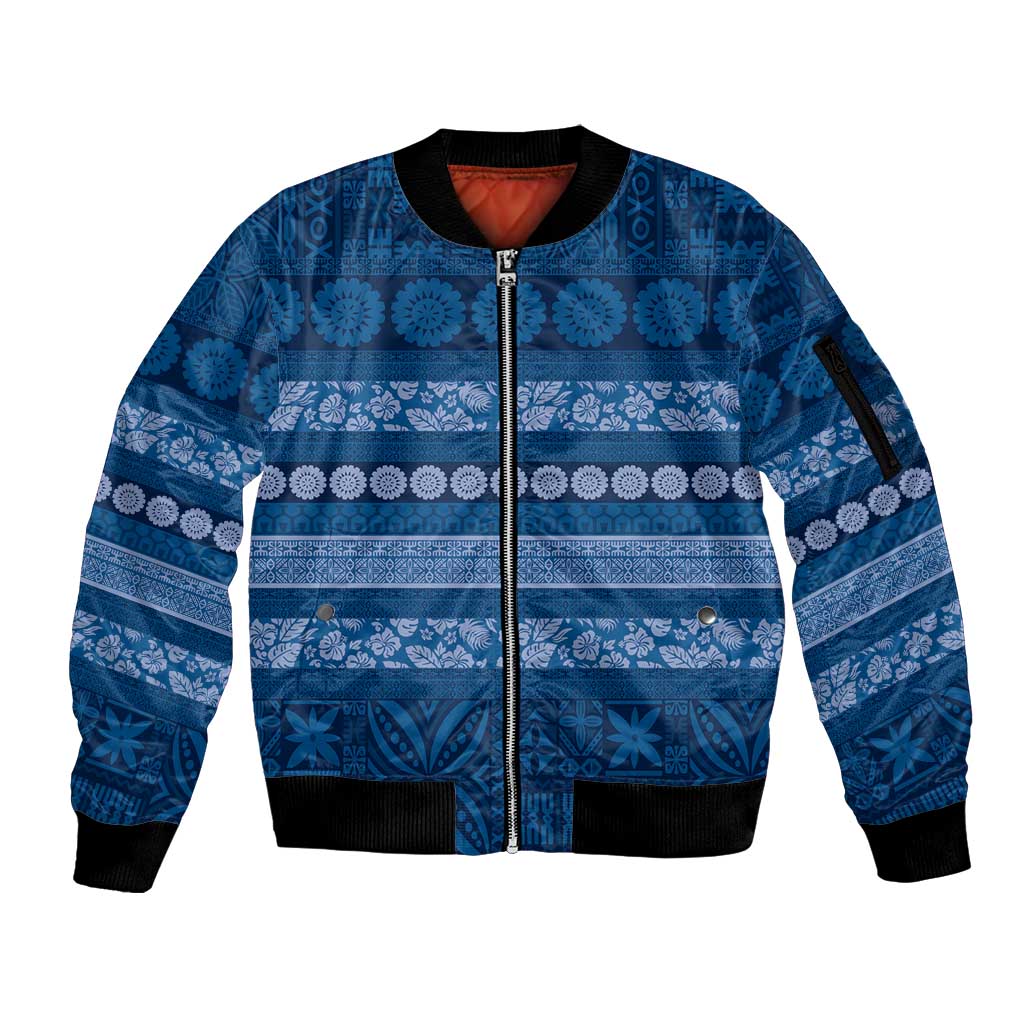 Fiji Marau na Kerisimasi Sleeve Zip Bomber Jacket Blue Tapa Masi Inspired Christmas - Polynesian Pride
